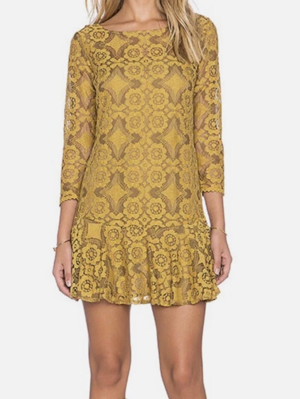 Free People Womens 2 Mustard Lace Walking To The Sun Boho Mini Dress Festival